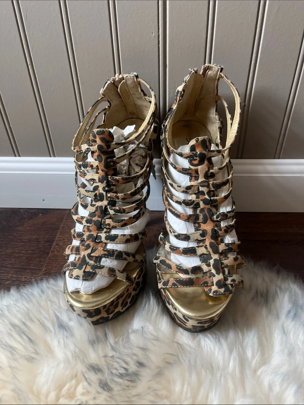 Bonnibel Leopard Print Strappy Platform Sandals with Gold Accents